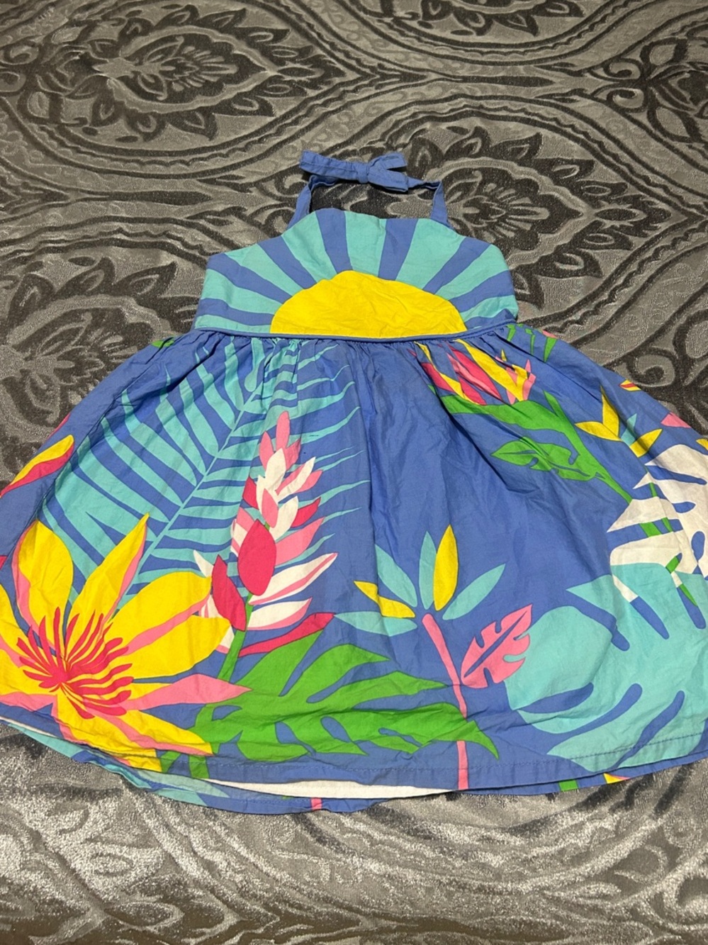 Shrinking Violet Blue Tropical Halter Dress with Yellow Sun